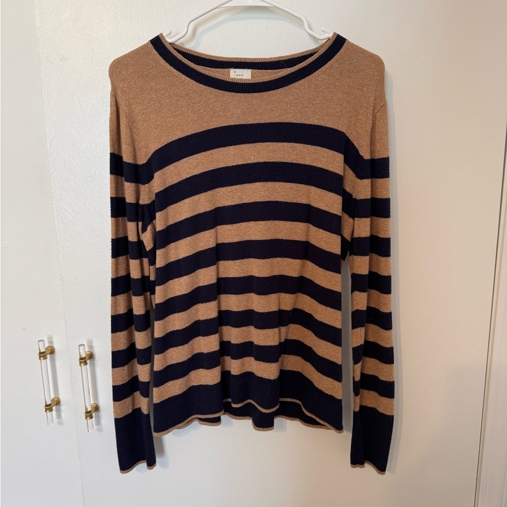 A New Day XL Tan and Navy Striped Crewneck Sweater